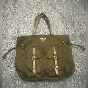 Prada Khaki Green Nylon Tote with Gold Leather Tessuto Epi Saint Jacques Handbag